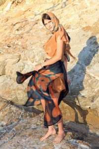 Floating silk shibori outfit with hijab and twist bolero. Eucalyptus dye Gondwana Colour and indigo