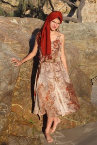 Pure merino wool Jersey dress leaf embossed with eucalyptus leaves, head shawl dyed with Wollumbin Red Gondwana Colour 